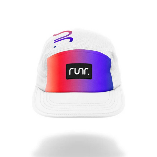 White technical running cap with purple-blue-red gradient band and runr logo patch