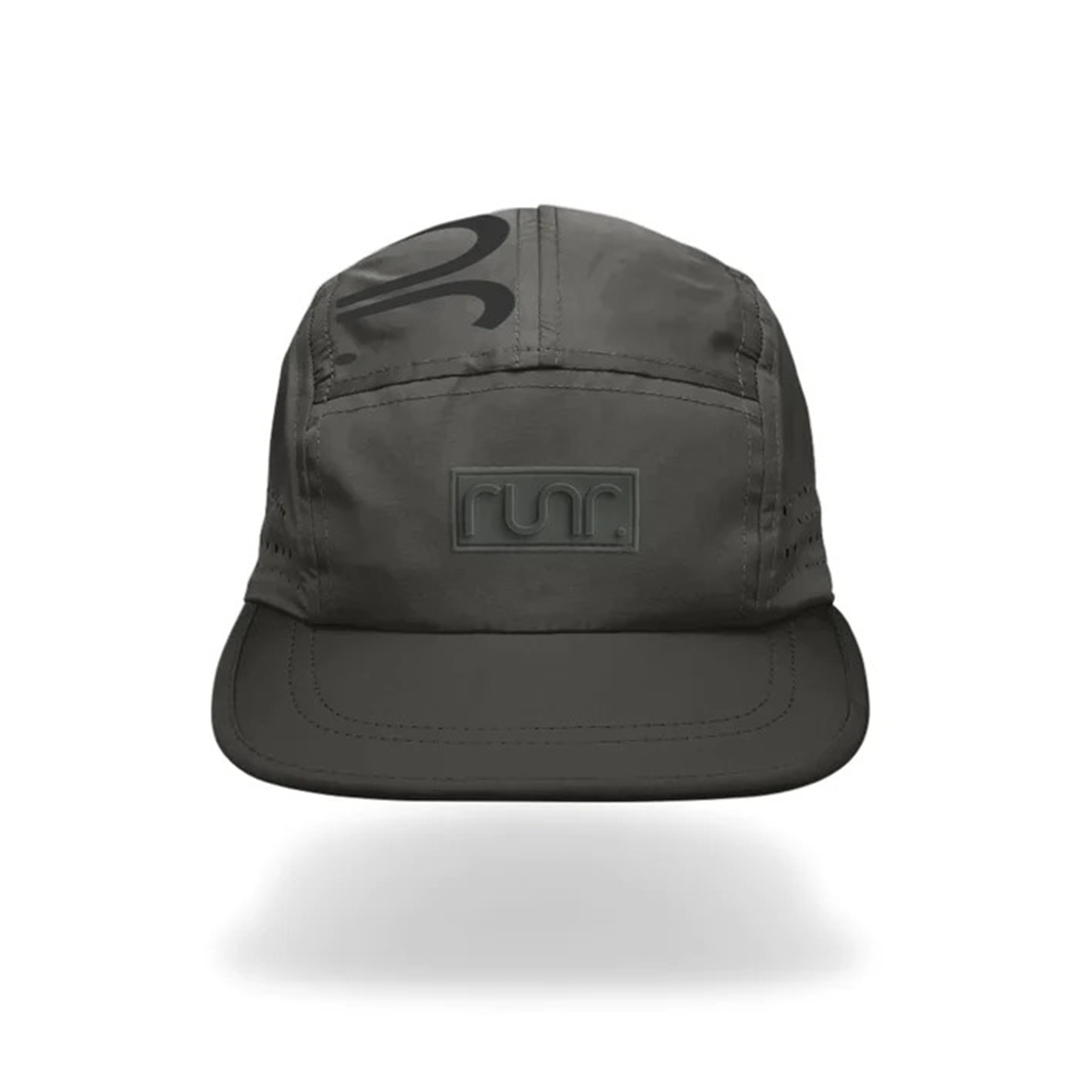 Dark gray technical running cap with front logo patch and curved brim