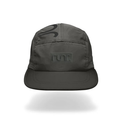 Dark gray technical running cap with front logo patch and curved brim