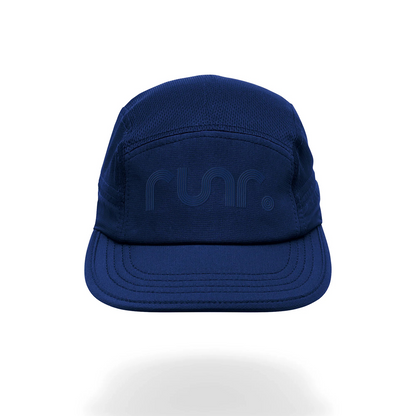 Navy technical running cap with raised logo on front and curved brim