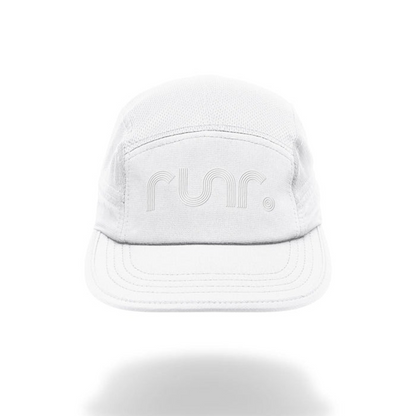 White technical running cap with curved brim and front Runr logo