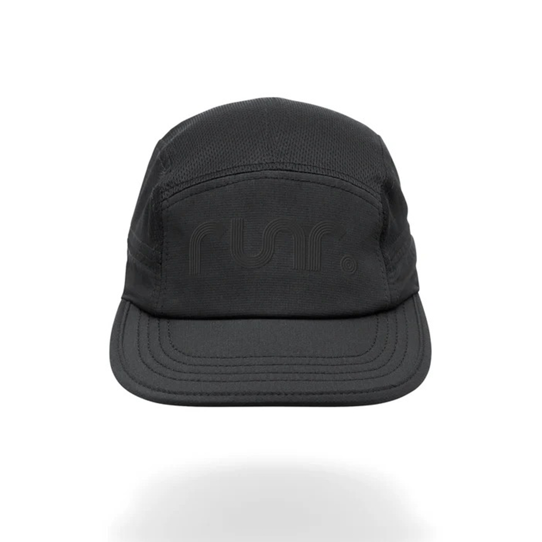 Black technical running hat with curved brim and Runr logo on front panel
