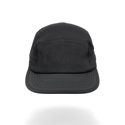 Black technical running hat with curved brim and Runr logo on front panel
