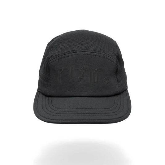 Black technical running hat with curved brim and Runr logo on front panel