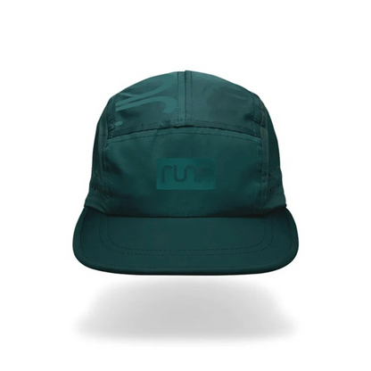 Runr Porto technical running hat in dark teal with front logo patch and curved brim