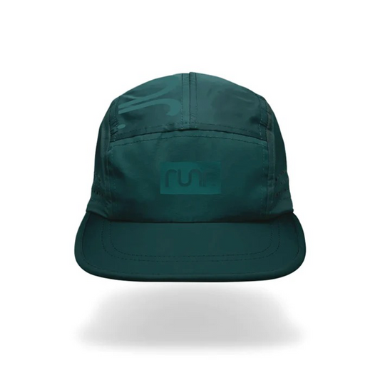 Runr Porto technical running hat in dark teal with front logo patch and curved brim