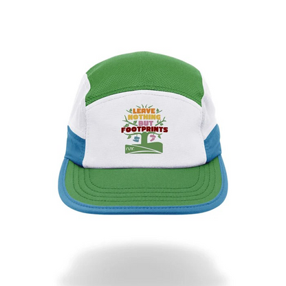 Technical running hat in green, white, and blue with front trail logo patch