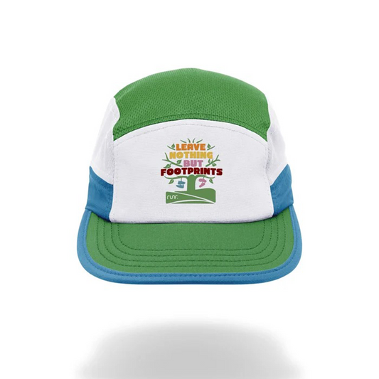 Technical running hat in green, white, and blue with front trail logo patch