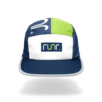 Technical running hat in navy, white, and lime with logo patch and curved brim