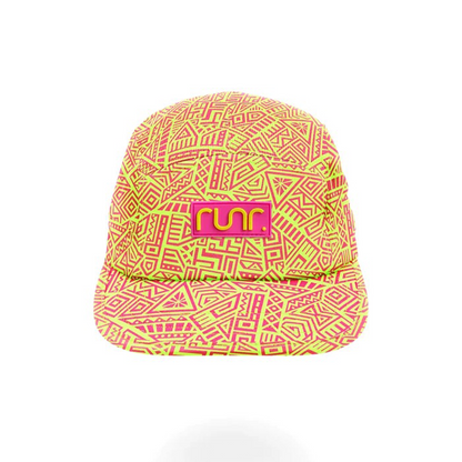 Technical running hat in bright coral with neon geometric pattern and RUN logo