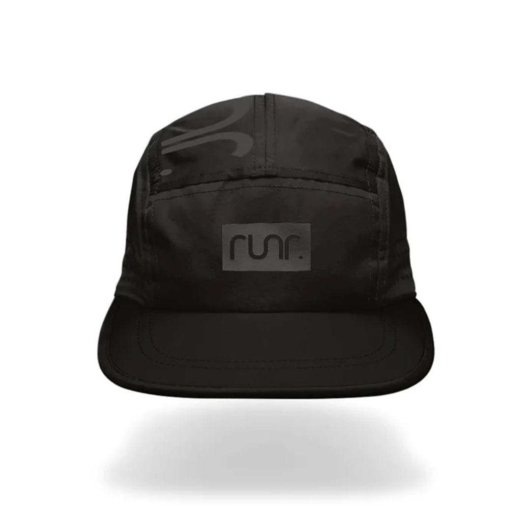 Black technical running cap with centered Runr logo patch and curved brim.
