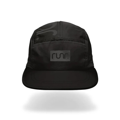 Black technical running cap with centered Runr logo patch and curved brim.