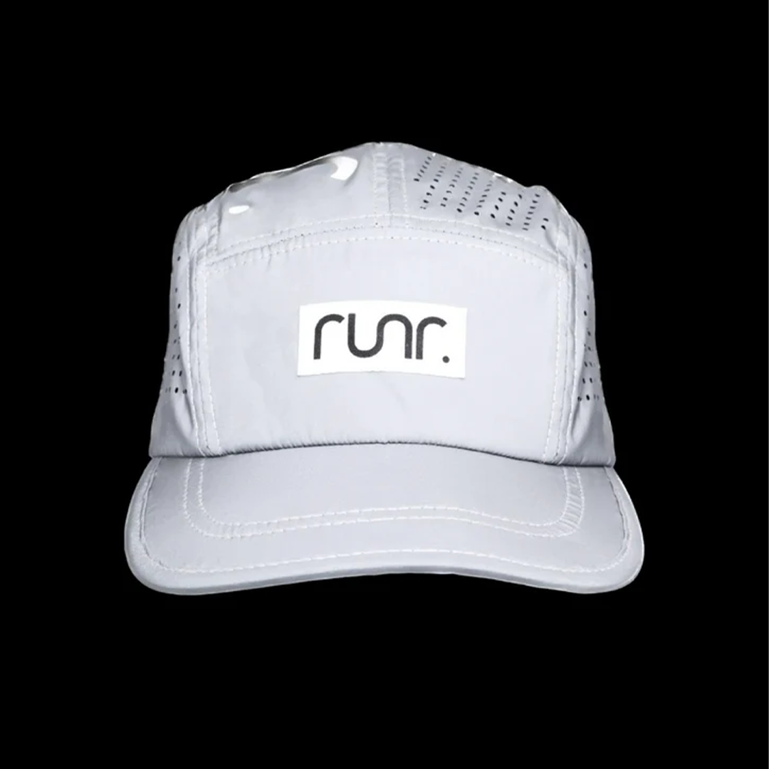 Silver technical running hat with perforated panels and front RUNR logo patch