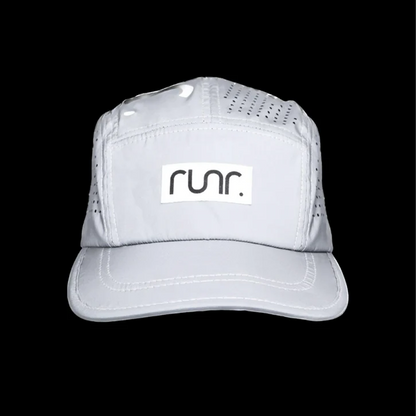 Silver technical running hat with perforated panels and front RUNR logo patch