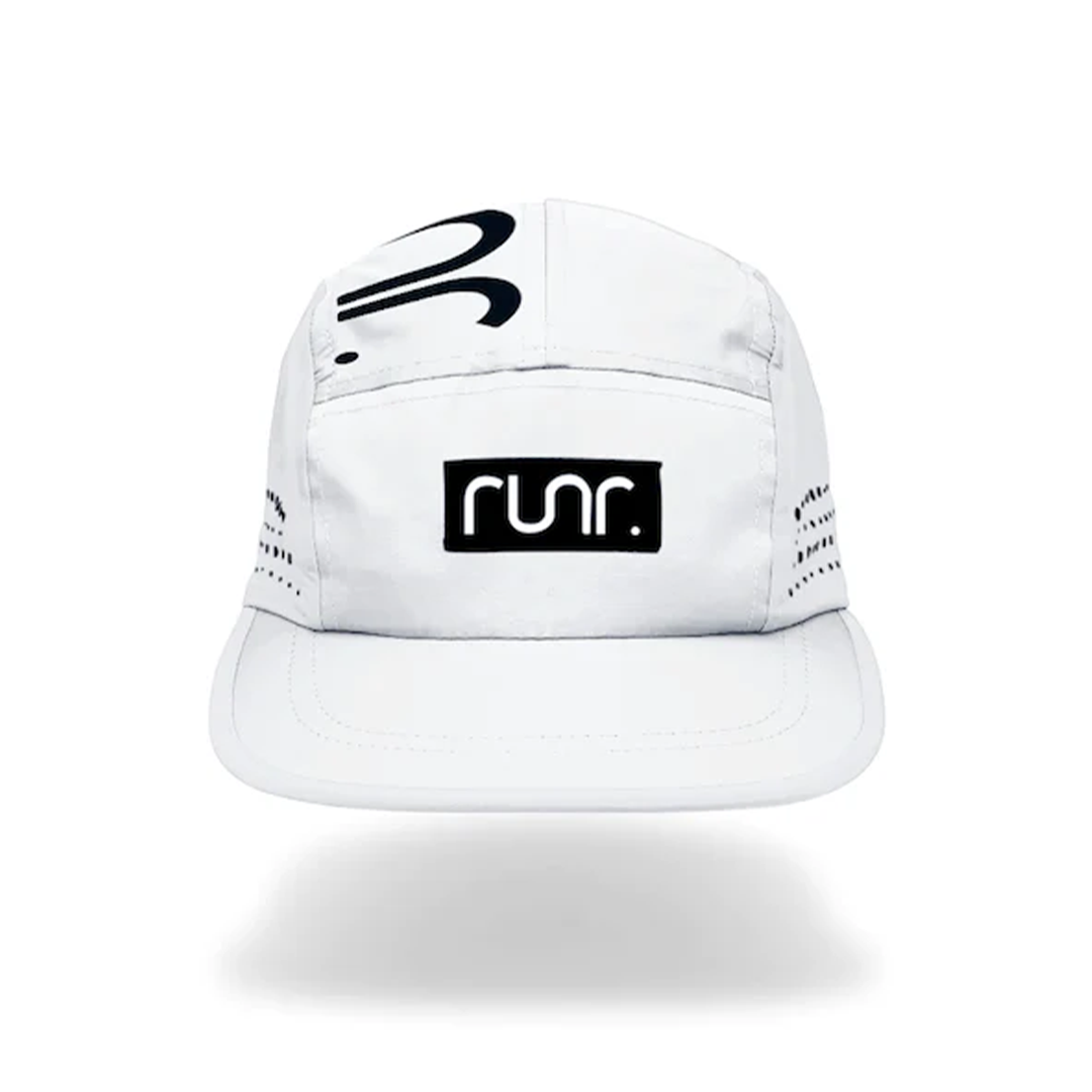 White technical running hat with black logo patch on front and side ventilation holes