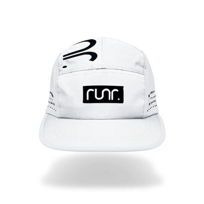 White technical running hat with black logo patch on front and side ventilation holes