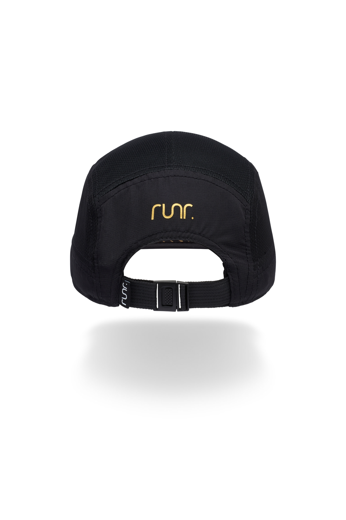 Black technical running hat with adjustable back strap and gold "run." logo