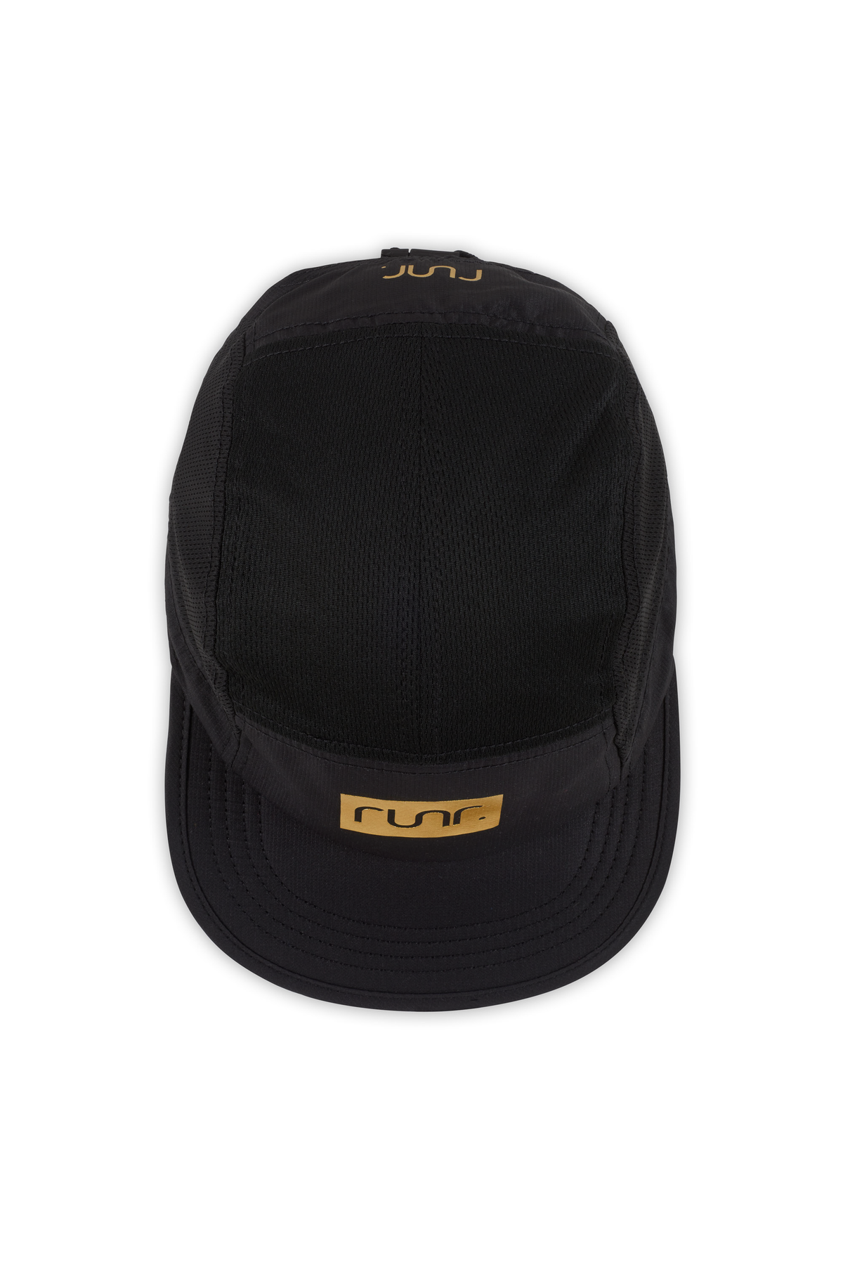 Black technical running cap with gold "run." logo on front panel