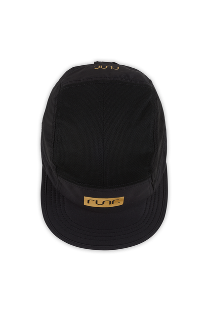 Black technical running cap with gold "run." logo on front panel