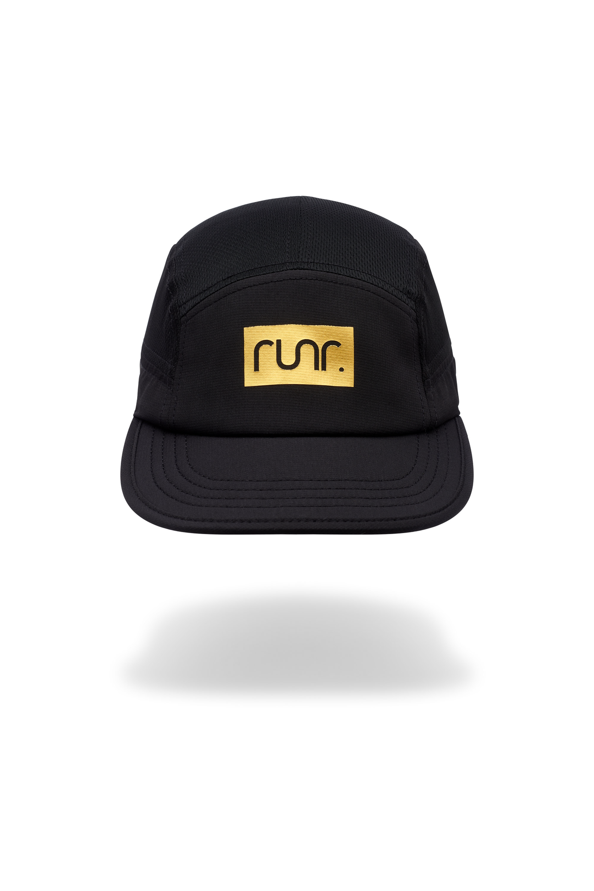 Black technical running hat with gold "run." logo patch and curved brim