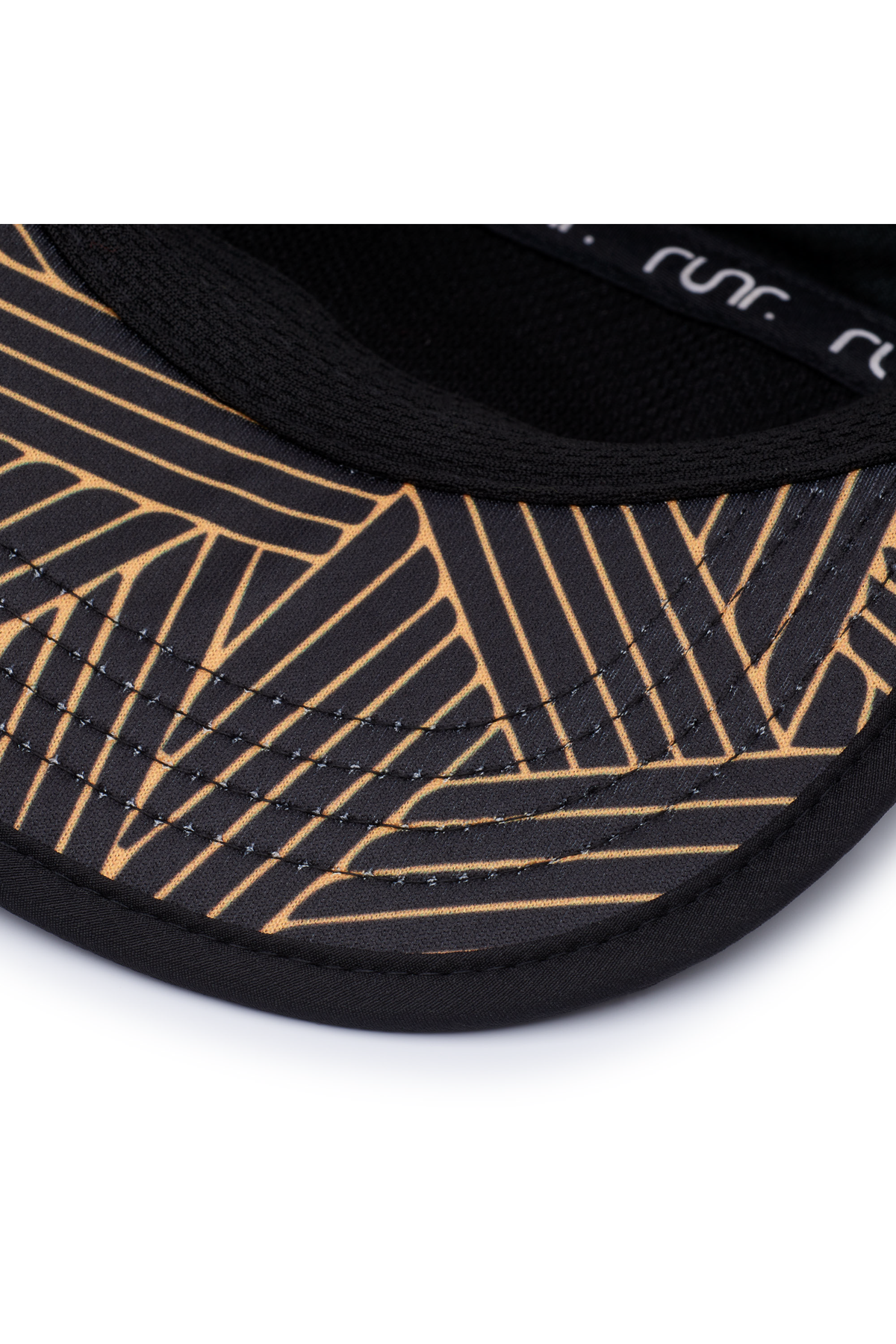 Black running cap with curved brim and geometric gold stripe detail
