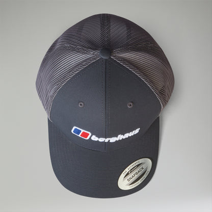 Navy blue cap with mesh back and visible brand logo on a light gray background