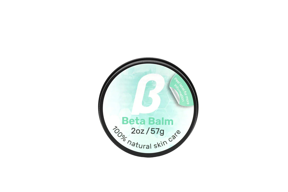 Beta Balm container with branding on a white background
