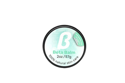 Beta Balm container with branding on a white background