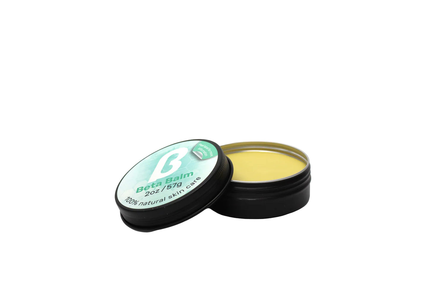 Balm container with open lid on a white background
