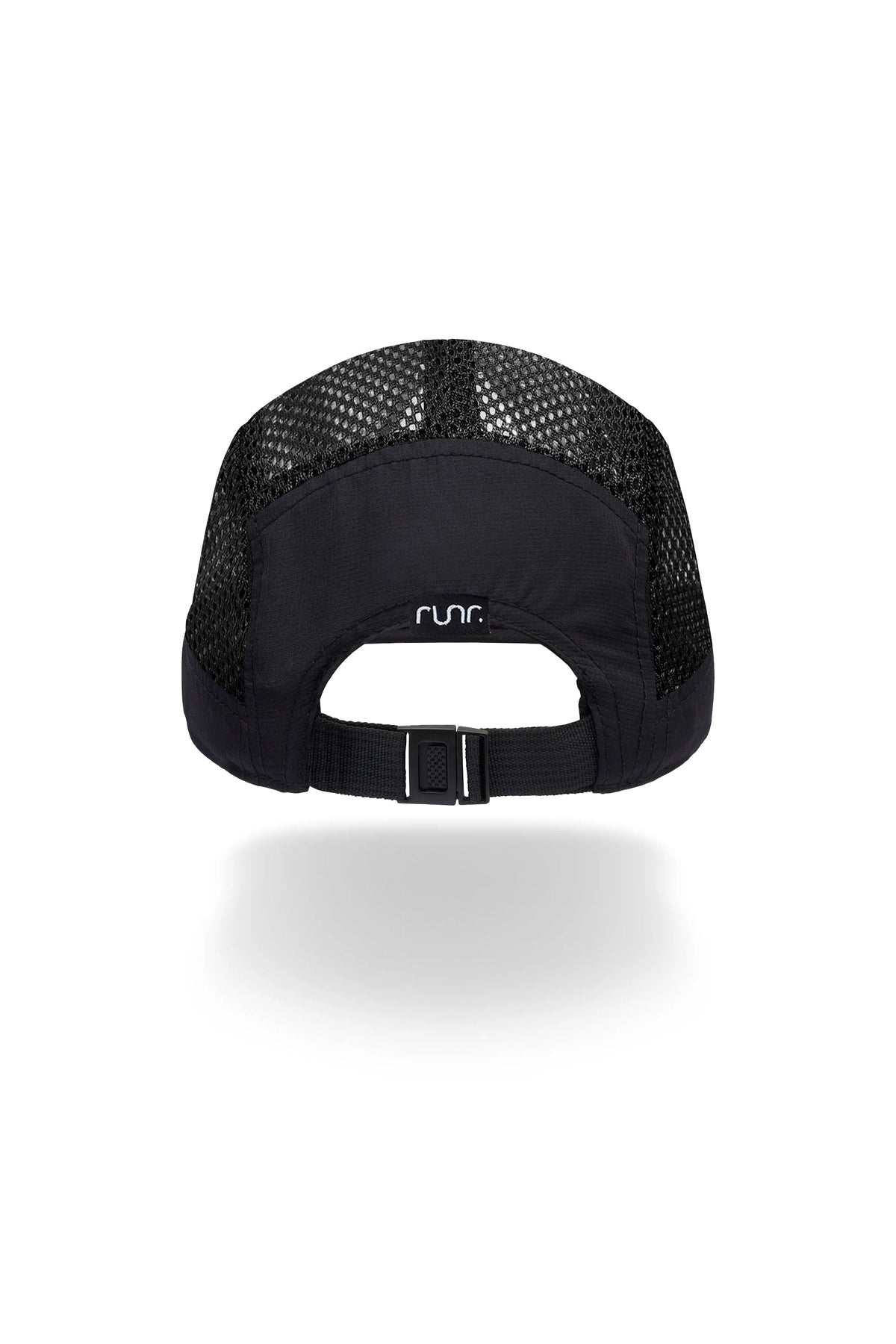 Black mesh running hat back view with adjustable strap and elasticized opening.