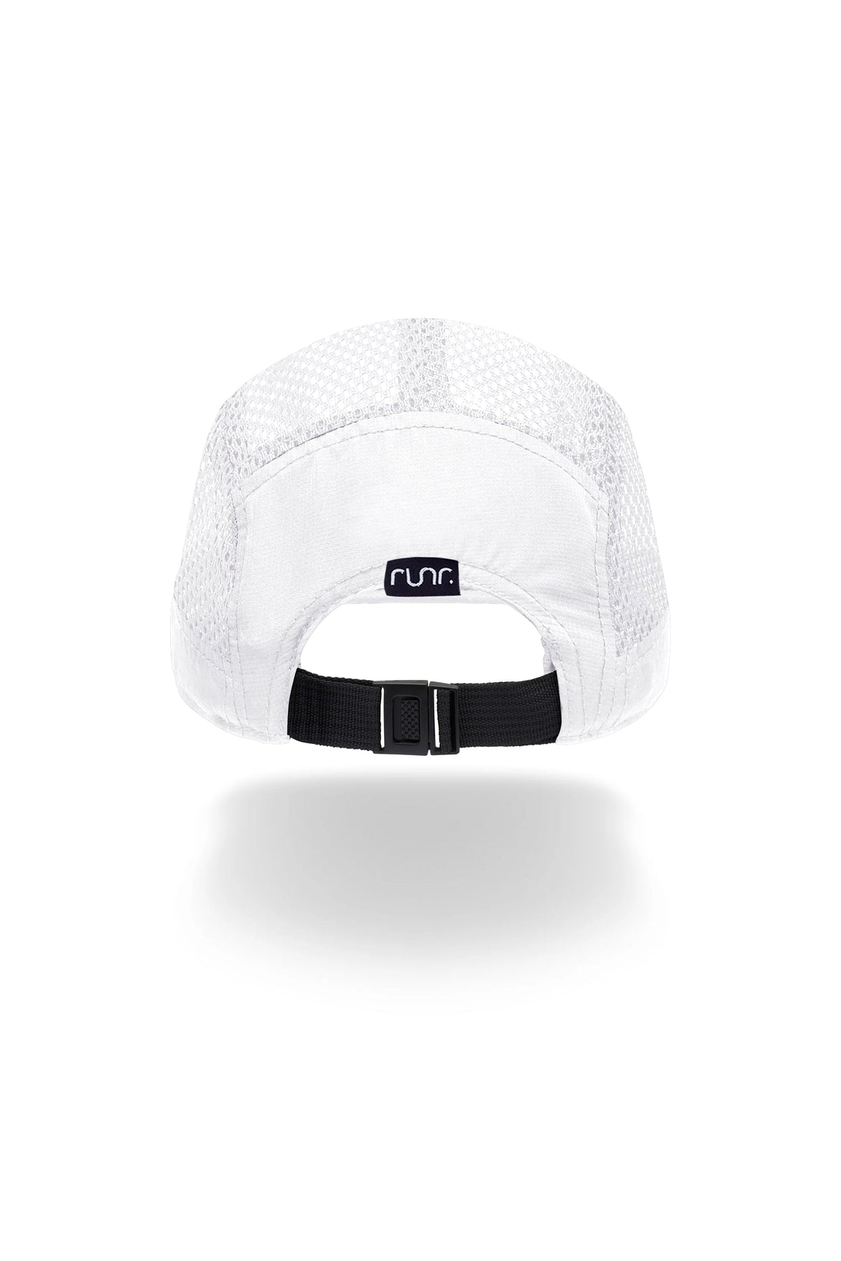 White technical running hat with mesh crown and adjustable back strap