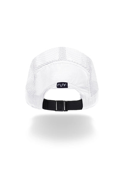 White technical running hat with mesh crown and adjustable back strap