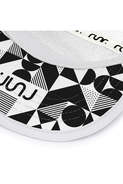 White running hat brim with black-and-white graphic print underside