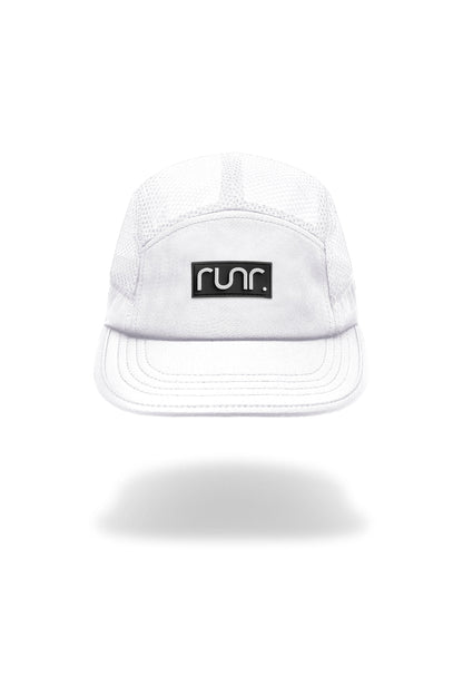 White technical running hat with mesh top and curved brim