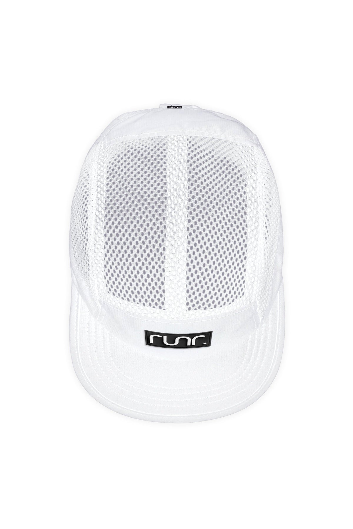 White mesh technical running hat with curved brim and small Runr logo patch