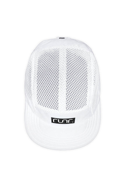 White mesh technical running hat with curved brim and small Runr logo patch