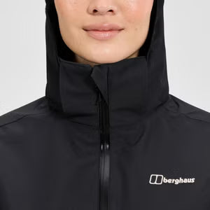 Black raincoat with Berghaus logo on a light gray background