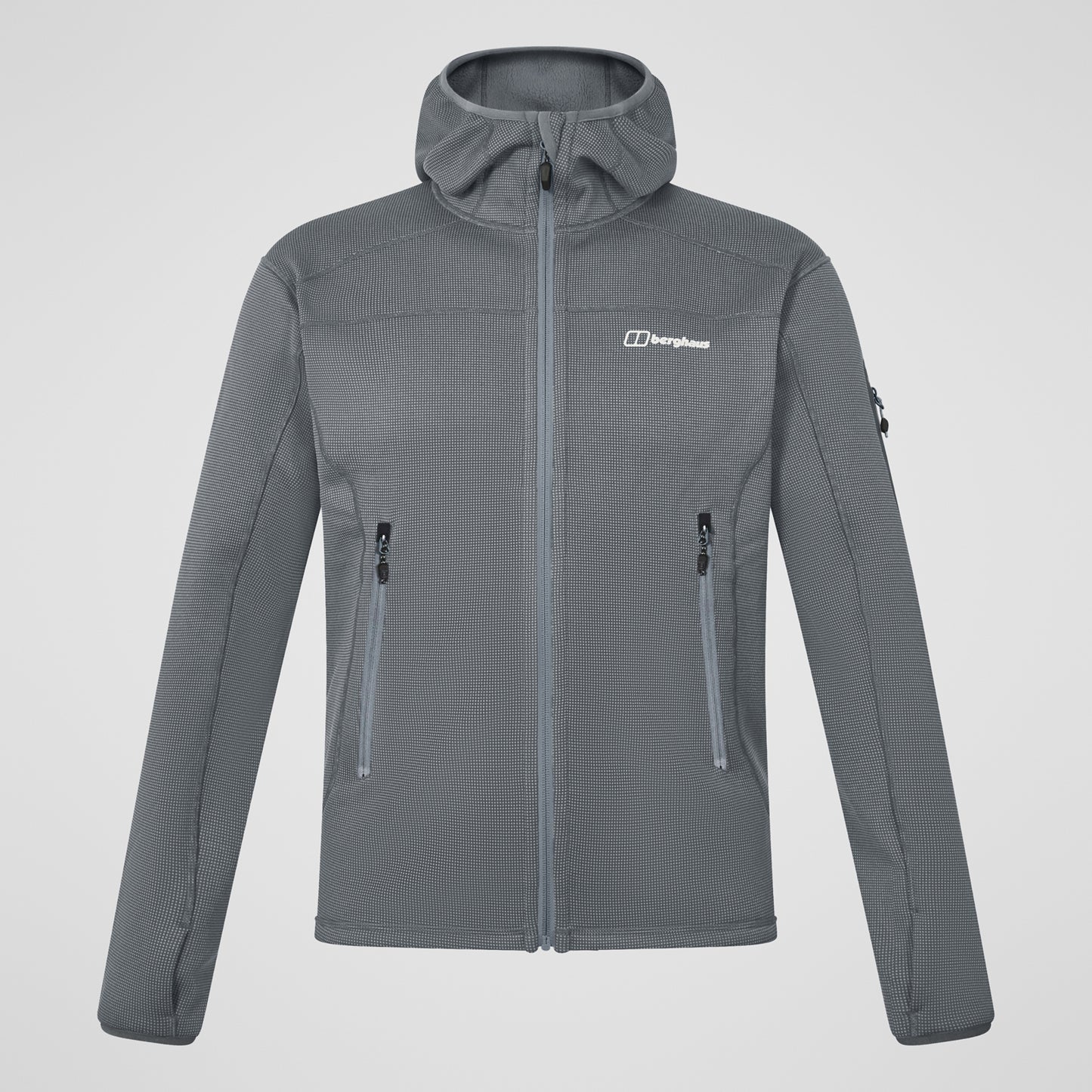 Gray jacket with a brand logo on a light gray background