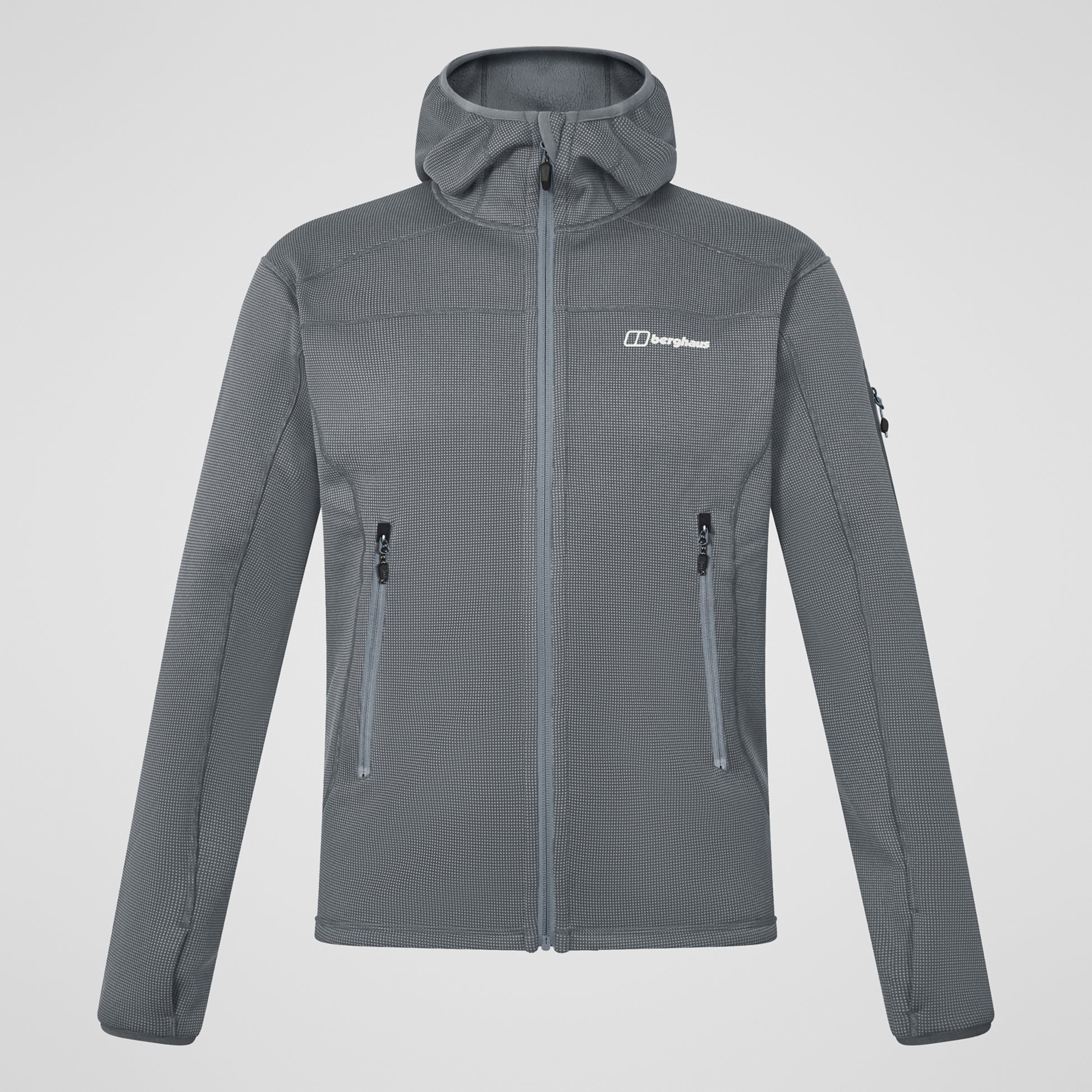 Gray jacket with a brand logo on a light gray background