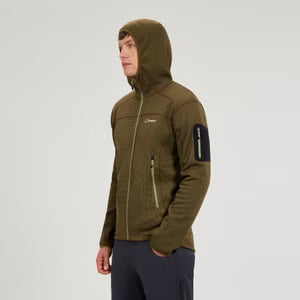 Person wearing a green hooded jacket on a white background