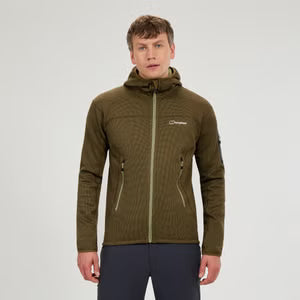 Man wearing a green jacket with a brand logo on a white background