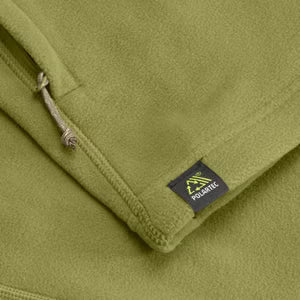 Close-up of a green fleece fabric with a Polartec logo.