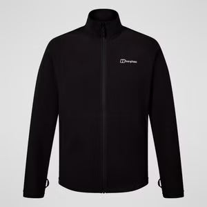 Black jacket with a brand logo on a light gray background