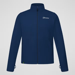 Blue jacket with a brand logo on a light gray background