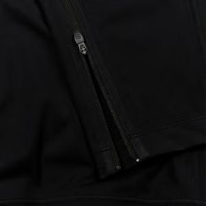 Close-up of a black jacket zipper with a button