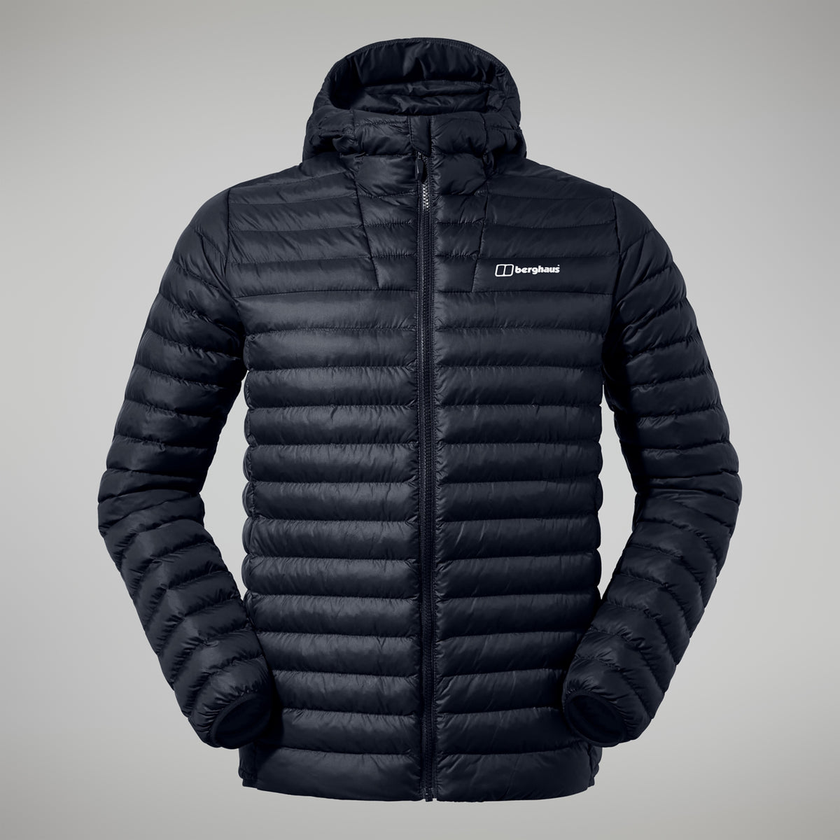 Insulated hooded puffer jacket, dark navy, full-zip front with berghaus chest logo.