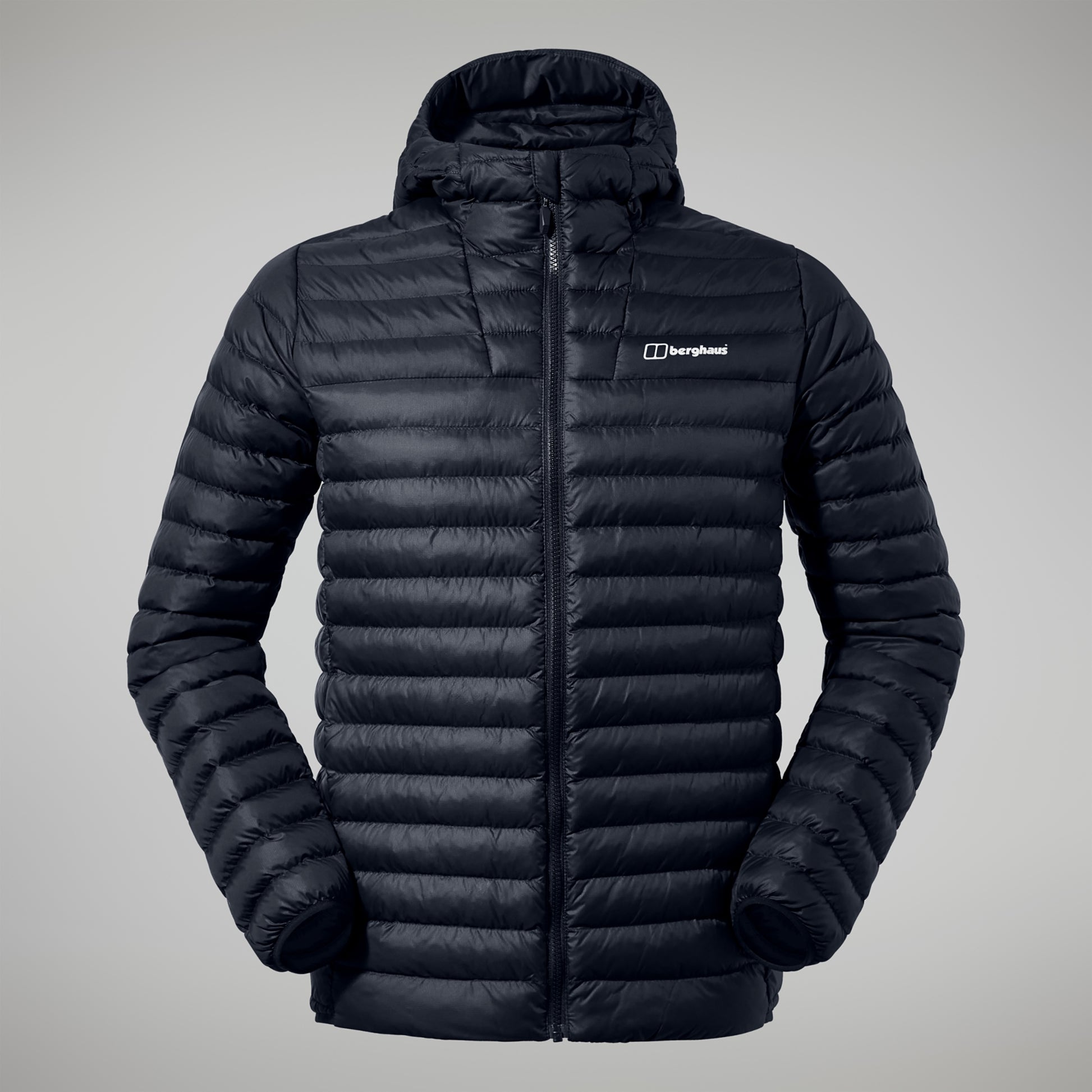 Black puffer jacket with a brand logo on a gray background