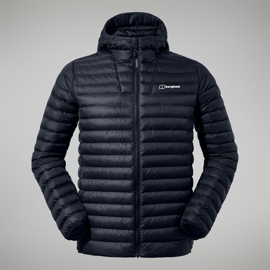 Black puffer jacket with a brand logo on a gray background