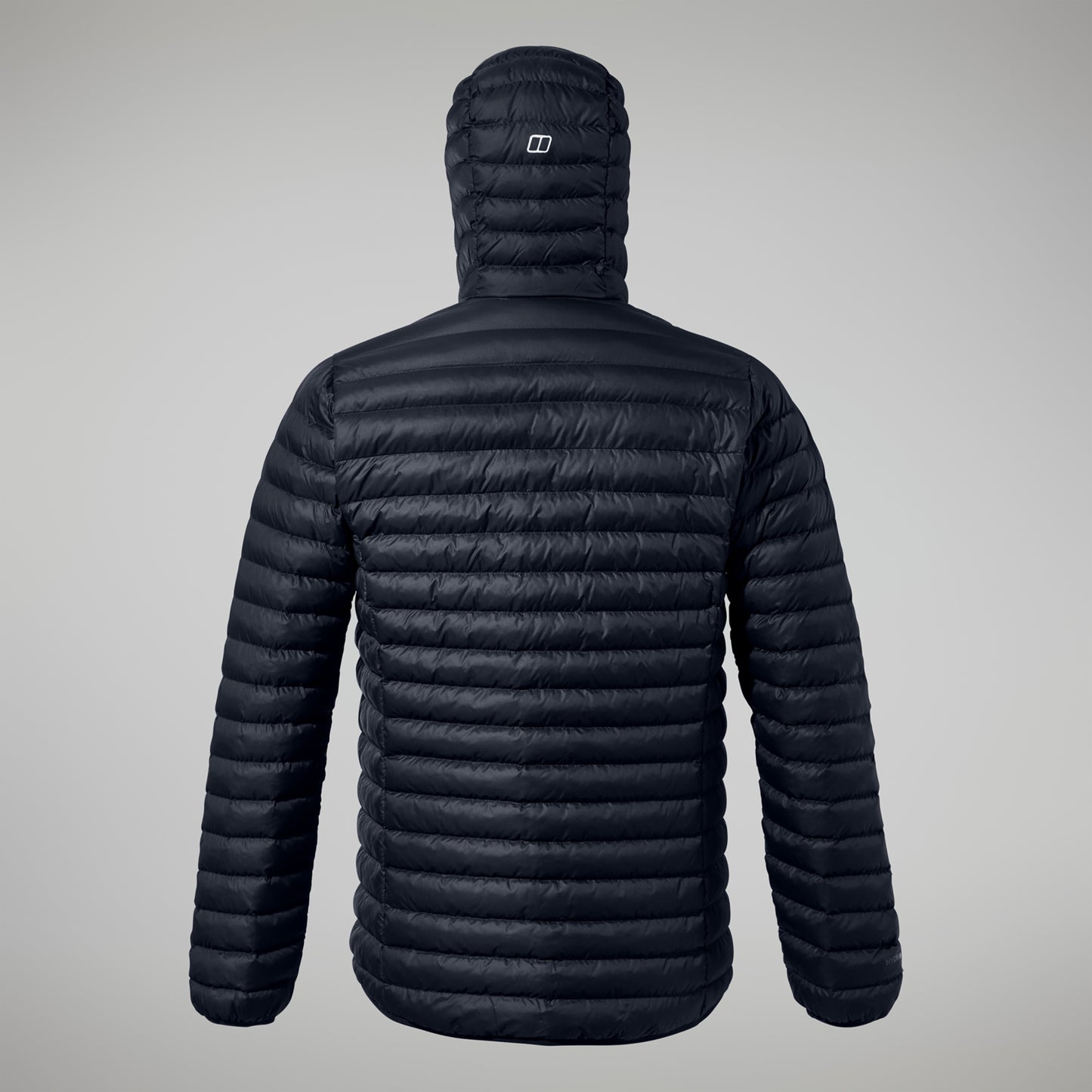 Black puffer jacket on a gray background