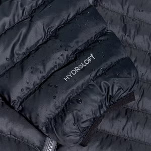 Close-up of black gloves with 'Hydroloft' branding on a textured background